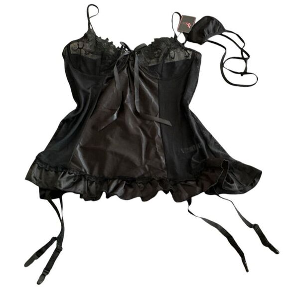 Lovely Lies Black Lace Up Corset Garters G String Lingerie 1X-2X - Picture 1 of 9